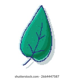 Pixel Art Hoja Verde Con Contorno Azul Y Detalles De Venas. Diseño botánico retro, perfecto para activos de juego de 8 bits, escenas de naturaleza de píxeles y paquetes de pegatinas decorativas.