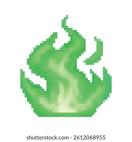 Pixel art green magic flame. Ideal for 2D games, poison spells, enchanted fire, or fantasy effects. Retro 8-bit style with transparent background for easy use in game design.