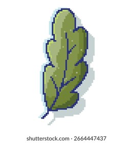 Pixel Art Green Oak Leaf With Blue Outline And Stylized Shape. Vintage-style foliage design, perfect for gaming art, stickers, cards, web, banners