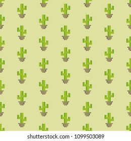 Pixel art green plant background/ Pixel cactus pattern/ Trendy stylish pixel west cover