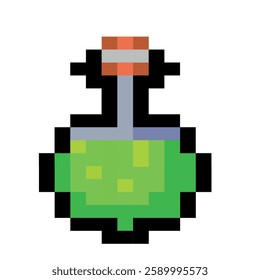 Pixel art green potion bottle in retro 8-bit style isolated on a white background. Game interface, pixelated life bar and menu button. Button 8 bit pixel