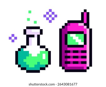Pixel art of a green potion in a flask and a pink retro mobile phone, placed on a white background with sparkles, symbolizing magic and technology fusion. Vector illustration