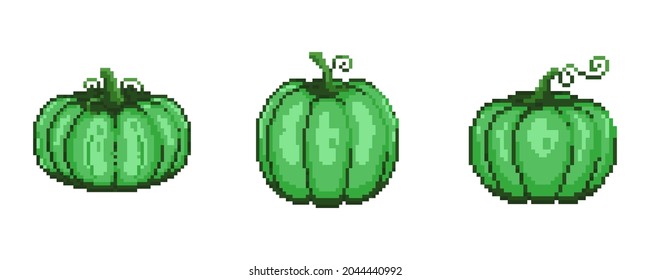 pixel art green pumpkins set. Decorative 8 bit icons of green vegetables.