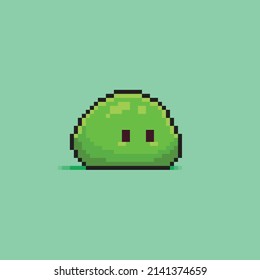 Pixel art green slime character on light green background