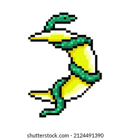 Pixel art green snake wrapped around new moon isolated on white background. Magic animal clip art. Symbol of night. Old school vintage retro 80s, 90s 2d computer, video game, slot machine graphics.