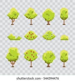 Pixel art green summer or spring trees collection isolated on background. vector trees set for games and mobile applications.