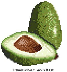 Pixel art green whole half avocado icon. Pixelated retro vegetable icon isolated on white background. 8 bit or 16 bit style avocado with seed for game, web design. Vector tropical fruit, healthy food