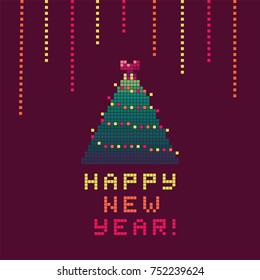Pixel art greeting card with christmas tree. Vector illustration.
