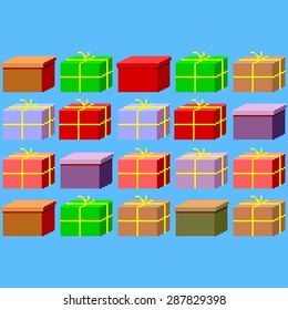 Pixel art greeting card with many colorful gift boxes