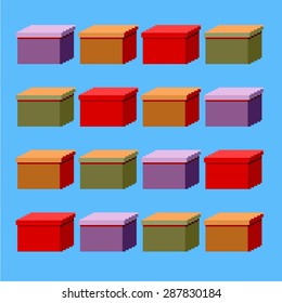 Pixel art greeting card with many colorful gift boxes