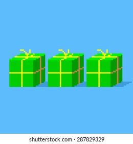 Pixel art greeting card with tree green gift boxes of the same size