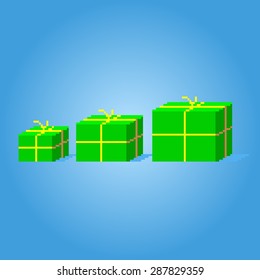 Pixel art greeting card with tree green gift boxes of different sizes