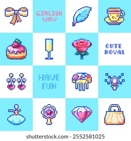 Pixel Art Grid: Accesorios reales lindos y Elementos Kawaii pastel como arco, rosa, taza de té, pendientes, peine, pluma, diamante, bolso, cupcake y cuadrados azules