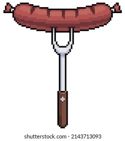 Pixel art grilled sausage on fork vector icon for 8bit game on white background

