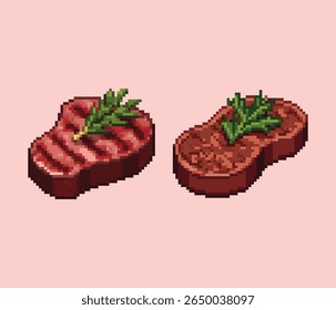 Pixel Art Grilled Steak Set Retro Food Icons. A set of 8-bit style pixel art beef steak icons, perfect for a digital menu or game.