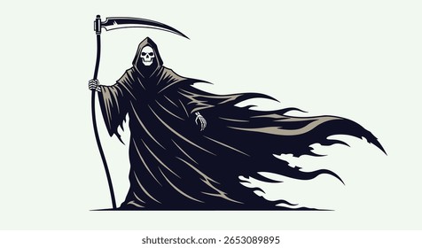 Pixel Art Grim Reaper Personagem com Scythe e vestes fluindo em um estilo gótico escuro para jogos e temas assustadores