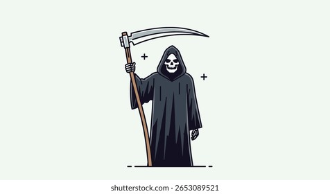 Pixel Art Grim Reaper Segurando uma foice em um vestido preto com uma cara de crânio contra um fundo branco com estrelas simples