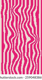 Pixel Art Groovy Distorted Magenta Stripe Background in Retro 8-bit style. Wave Uneven Stripes, Warped Streaks, Wavy Lines. Twisted pixelated vector texture. Inspired by video game aesthetic