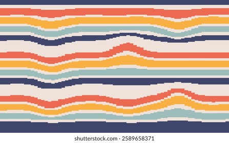 Pixel Art Groovy Hippie Distorted Stripe Background in Retro 8-bit style. Wave Uneven Stripes, Warped Streaks, Wavy Lines. Twisted Trendy psychedelic pixelated vector texture. Y2k aesthetic design