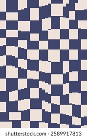 Pixel Art Groovy Hippie Distorted Checkered Background in Retro 8-bit style. Twisted Template Waves Trippy White-blue Grid. Trendy pixelated vector texture. Inspired by video game aesthetic