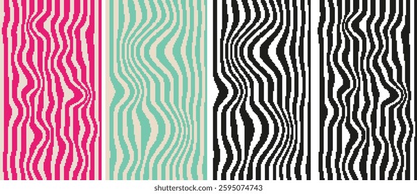 Pixel Art Groovy Hippie Distorted Stripe Background in Retro 8-bit style Set. Wave Uneven Stripes, Warped Streaks, Wavy Lines. Twisted Trendy pixelated vector texture. Inspired by video game aesthetic