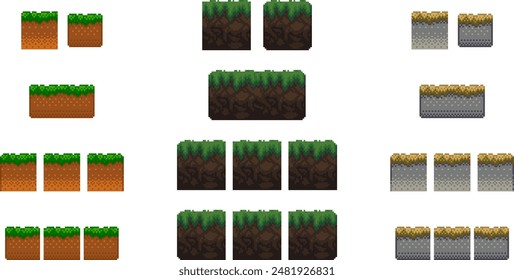 Pixel art ground platform tile set. Different square texture grid collection. Isolated vector sprites for game development or mobile app.