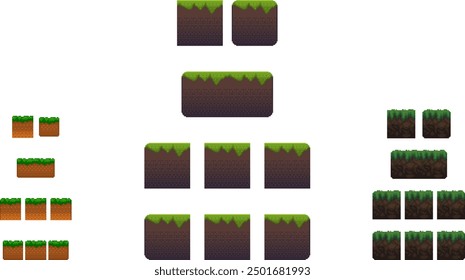 Pixel art ground platform tile set. Different square texture grid collection. Isolated vector sprites for game development or mobile app.
