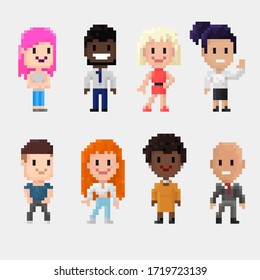 Pixel art group of characters men and women isolated on white background.
