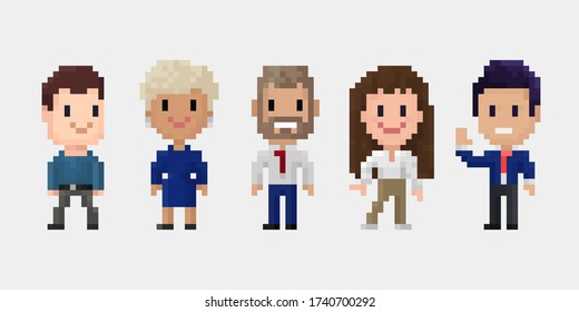 Pixel art group of characters men and women isolated on white background.