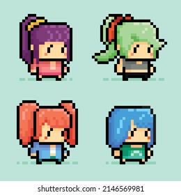 Pixel art group of characters women isolated on green background