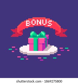 Pixel art GUI sign with red ribbon and bright gift box. Web page banner with phrase Bonus. Vector illustration.