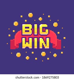 Señal de la interfaz gráfica de usuario de arte de píxeles con cinta roja y frase "Big Win". Banner de página web. Ilustración vectorial.