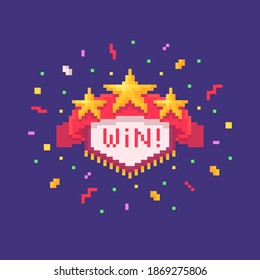 Pixel art GUI sign with red ribbon and golden stars. Web page banner with phrase Win. Vector illustration.