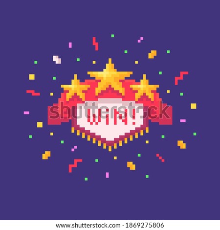 Pixel art GUI sign with red ribbon and golden stars. Web page banner with phrase Win. Vector illustration.