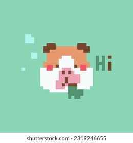 Pixel Art Guinea Pig Avatar. Greeting Card with Cute Rodent Guinea Pig in Retro 8 bit style on a Green Background. 