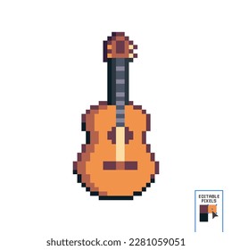 Pixel art guitar musical instrument vector icon for 8bit game on white background