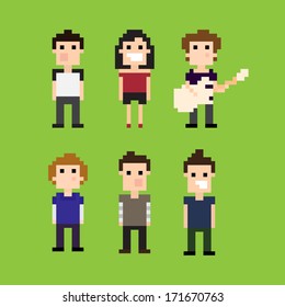 Pixel art guitar player and people