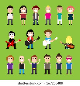 Pixel art guitar players and people