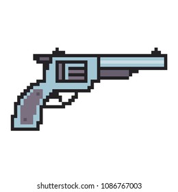 Pixel art gun. Vector 8 bit game web icon isolated on white background.