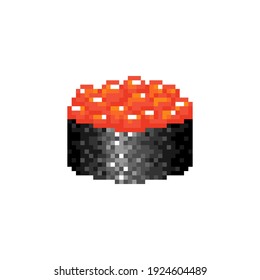 Pixel art gunkan maki sushi icon. Delicious tasty vector gunkan sushi with red caviar. Big red caviar berry eggs in nori seaweed. Mosaic Japanese food symbol. Pixel illustration of japanese cuisine.