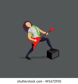 Pixel art guy, funky guitar player dancing with guitar