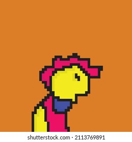 Pixel art guy in red overcoat, without one tooth smiling, sign of the horns