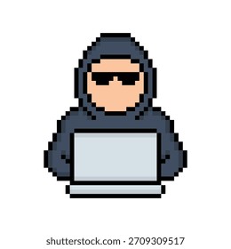 pixel art hacker with a laptop 8 bit vector icon for computer game logo