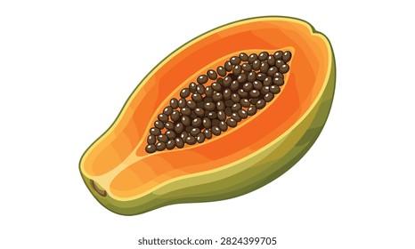 Pixel art half papaya fruit with black seeds for retro game assets