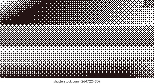 Fundo de falha de meio-tom da arte pixel. efeito de pontilhamento de bitmap de padrão de 8 bits. Gradiente gráfico em preto e branco no estilo retro dos anos 90. Gradação monocromática. Ilustração em mosaico aleatório retro vetorial.