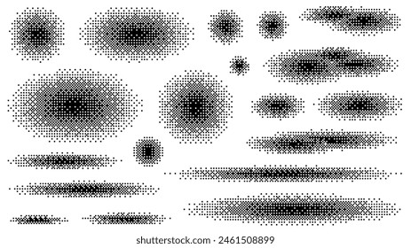 Pixel art halftone shadows and circles set, round pixel gradients. Retro game elements. Radial decay effect. Mosaic textures. Dither Gradient. Vector illustration.