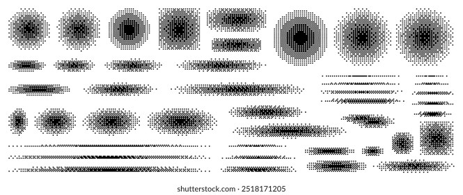 Pixel art halftone shadows and circles set, round pixel gradients. Retro game elements. Radial decay effect. Mosaic textures. Dither Gradient. Vector illustration.