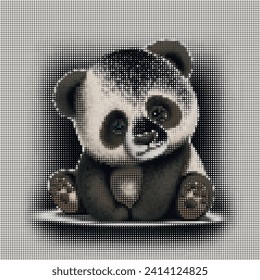 Pixel art halftone squares cartoon black and white textured little panda pattern. Grid decorative checkered vector background. Beautiful half tone trendy grunge texture. Cute panda modern design.