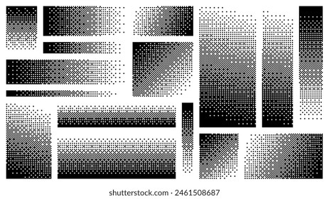 Pixel art halftone stripes, linear pixel gradients set. Decay effect. Mosaic textures. Dither Gradient. Pixels scattered, dissolve. Vector illustration.