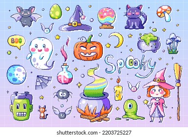 Juego de stickers de geek de hallowee de arte de Pixel. Cosas de halloween de jugador retro de 8 bits como bruja linda, calabaza, fantasma, vela, murciélago, araña, humor y estrellas. Gráfica vectorial para etiquetas, stickers y emoji.